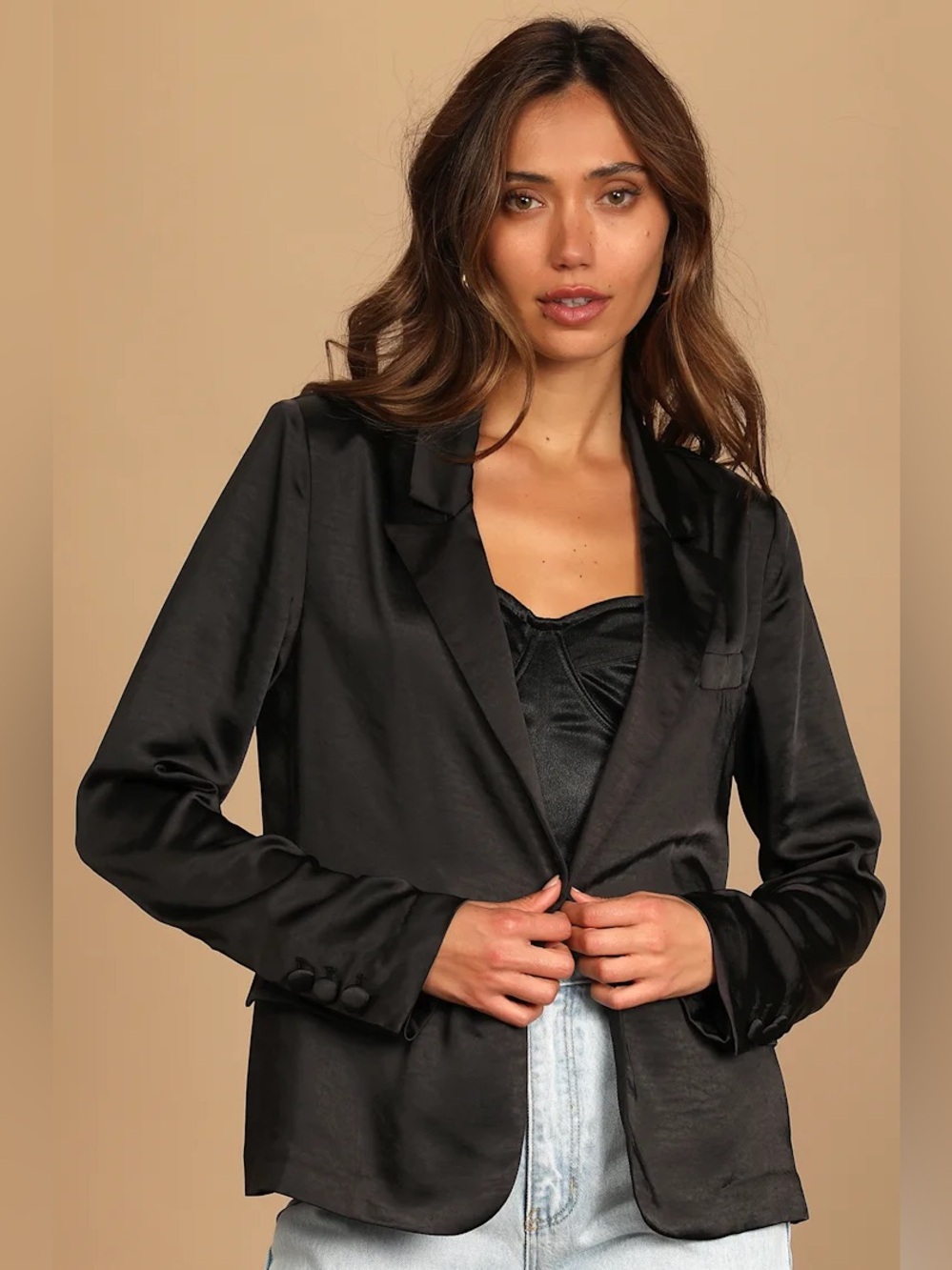 Lulu’s Trending Up Black Satin Blazer - Size Small